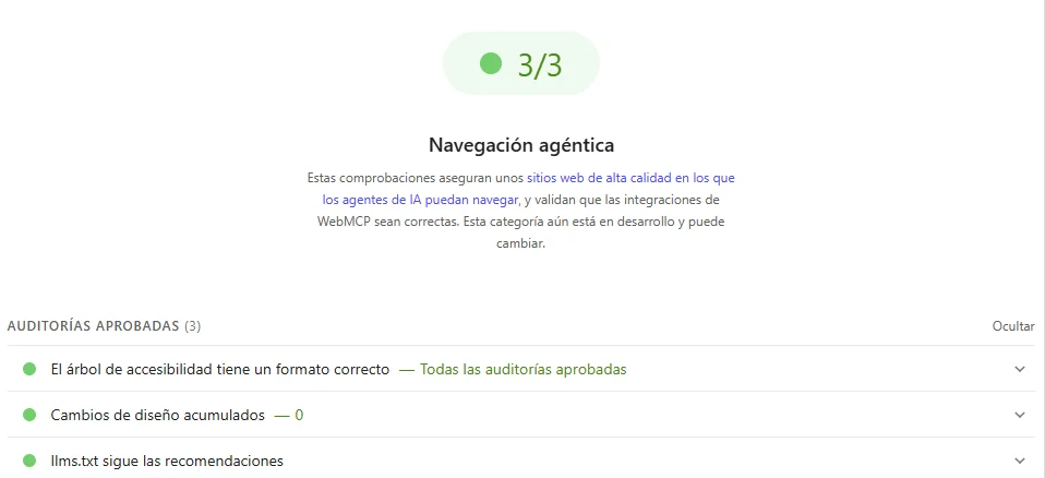 Auditoría Agentic Browsing de Lighthouse con score perfecto en PageSpeed Insights.